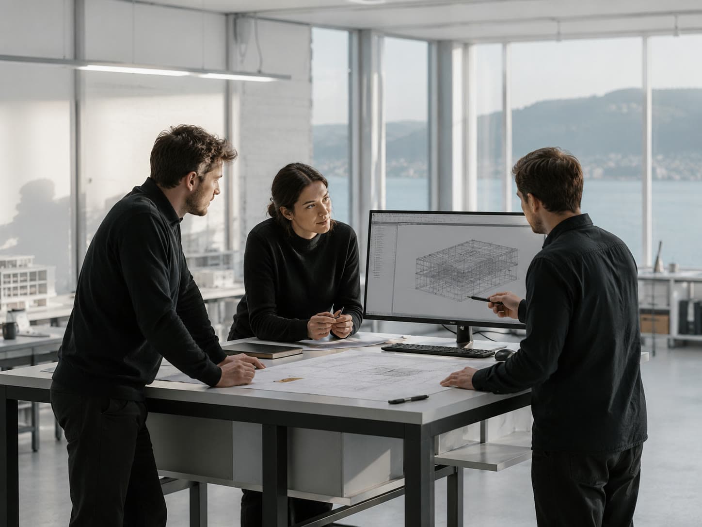 Ingenieurteam bei der Zusammenarbeit an einem Stehpult am Standort Neuchâtel