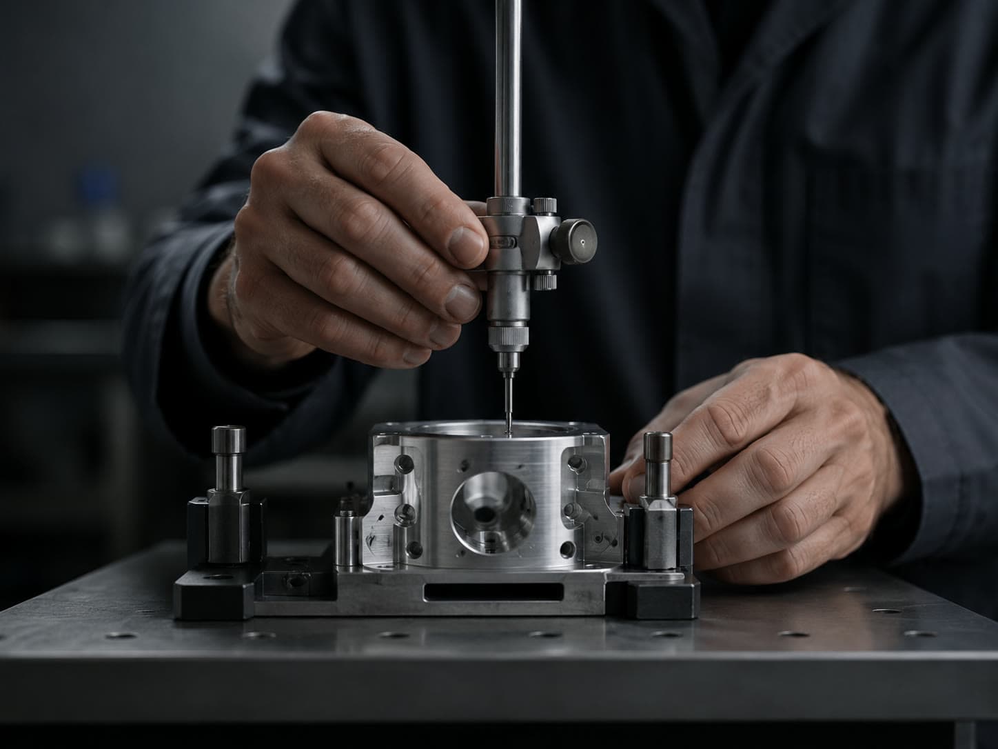 Hände eines Ingenieurs justieren ein Präzisionsmessinstrument über einem gefrästen Aluminiumbauteil