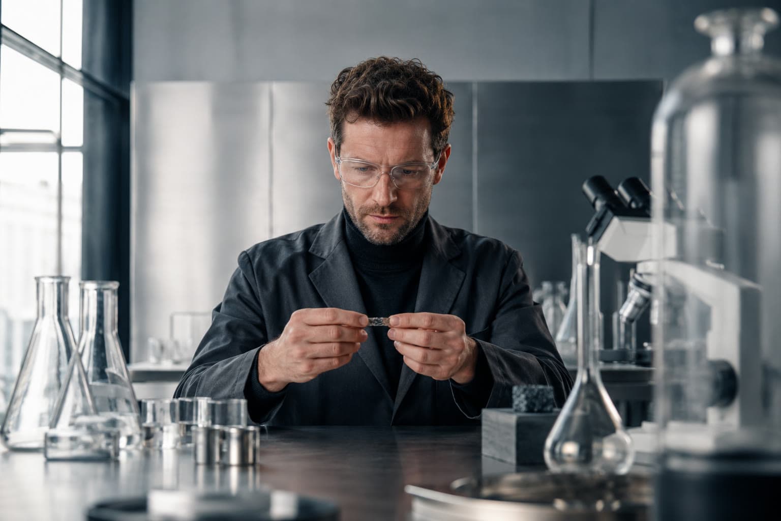 Wissenschaftler bei der Materialanalyse an einem Labortisch mit Präzisionsglas und Mikroskop